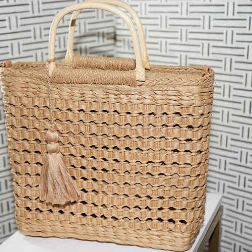 Summer Straw Crochet Tassel Bag-Tan - Shopdaraee