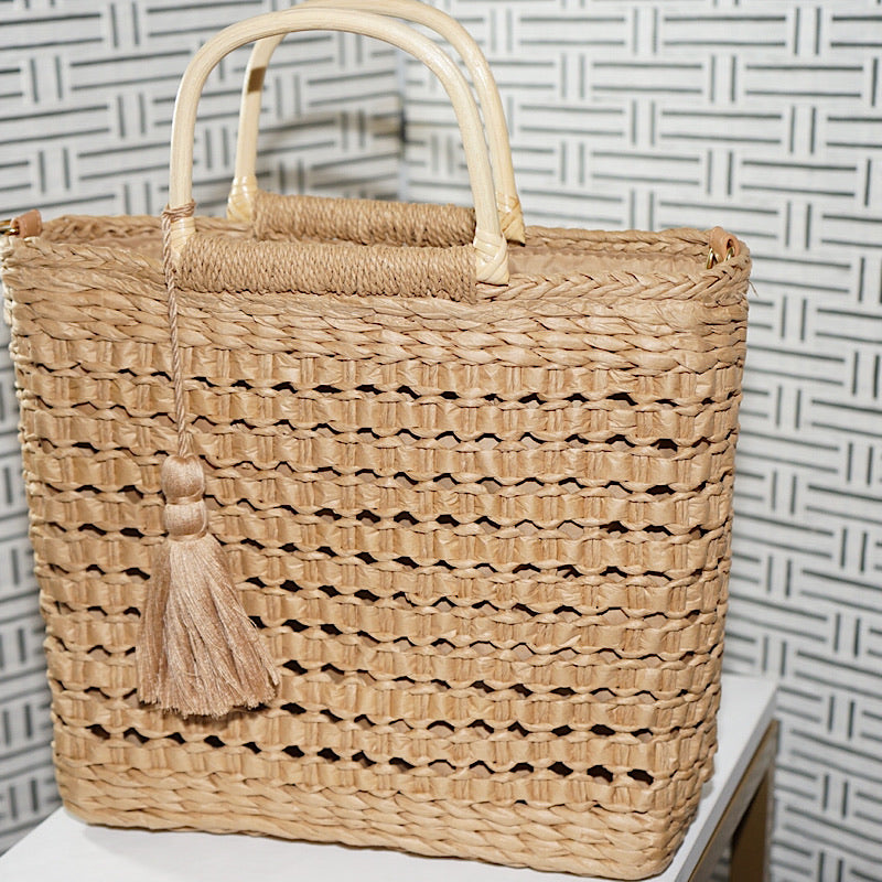 Summer Straw Crochet Tassel Bag-Tan - Shopdaraee