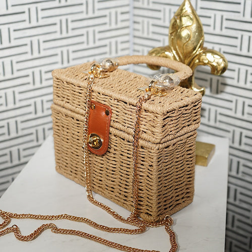 Summer Straw Box Wicker Basket Bag-Tan - Shopdaraee